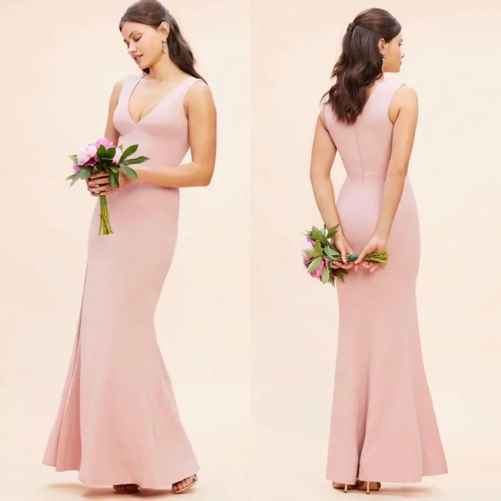 NWOT Dress The Population Sandra Plunge Crepe Trumpet Gown in Blush, Medium - Picture 3 of 16